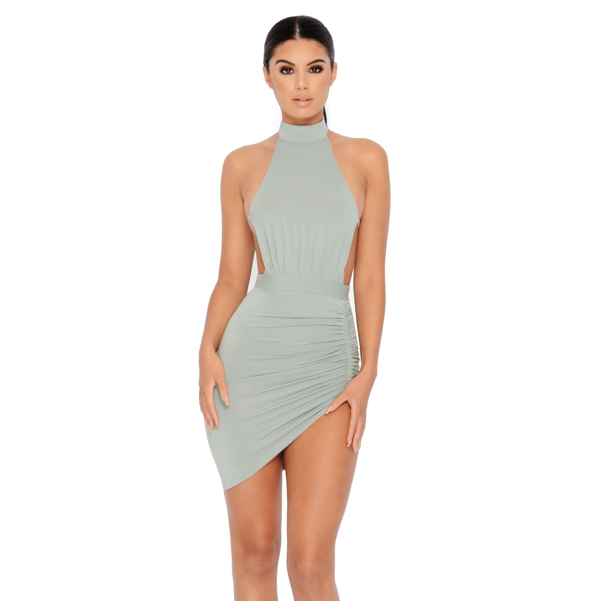 Ruched And Ready Asymmetric Halter Neck Mini Dress in Grey sold by Oh Polly product image thumbnail 3