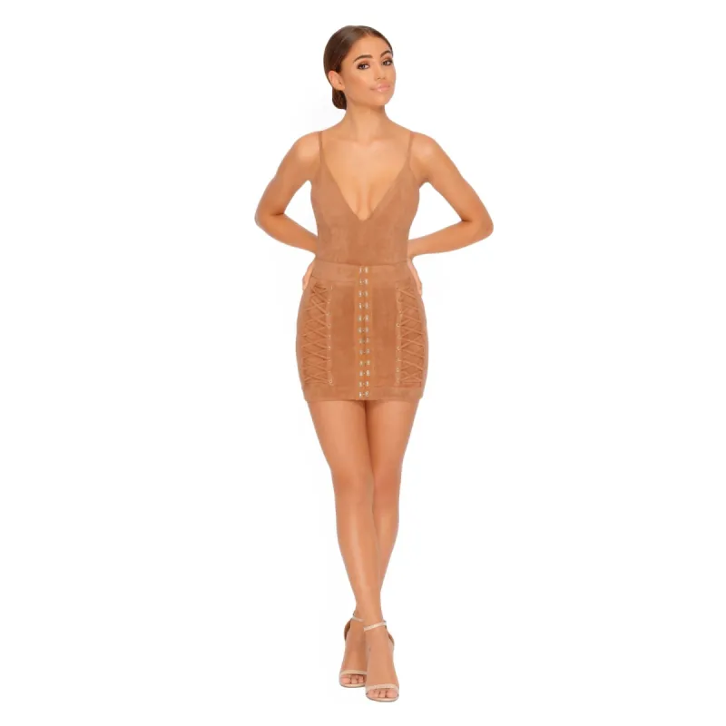 Turn Of The Tied Suede Mini Skirt in Tan sold by Oh Polly