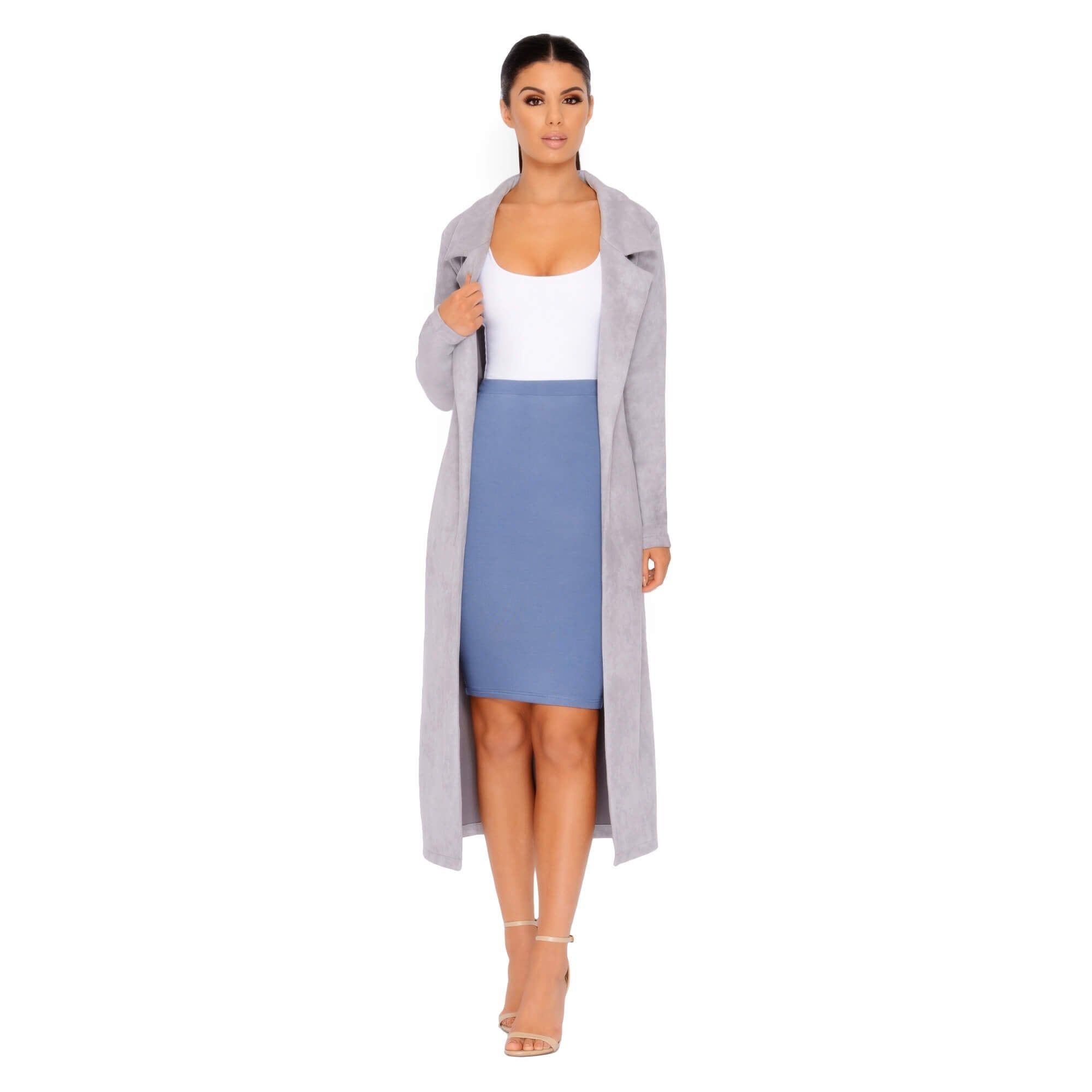 Soft Centered Longline Suedette Coat in Grey sold by Oh Polly