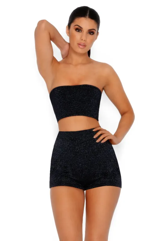 Sparkle The Fire Metallic Shorts in Black sold by Oh Polly