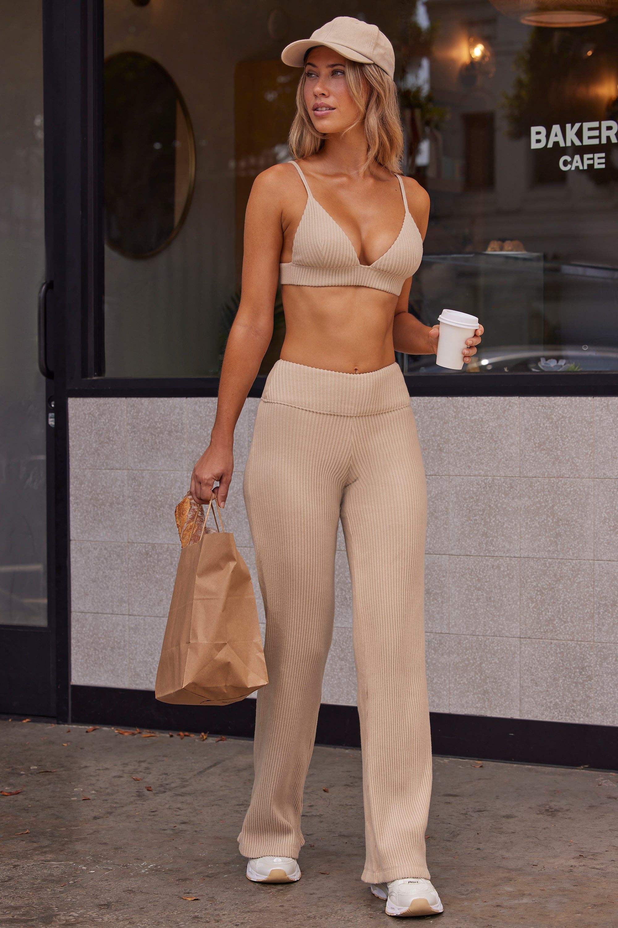 Petite Soft Rib High Waist Fold Over Trousers in Sand sold by Oh Polly product image thumbnail 8