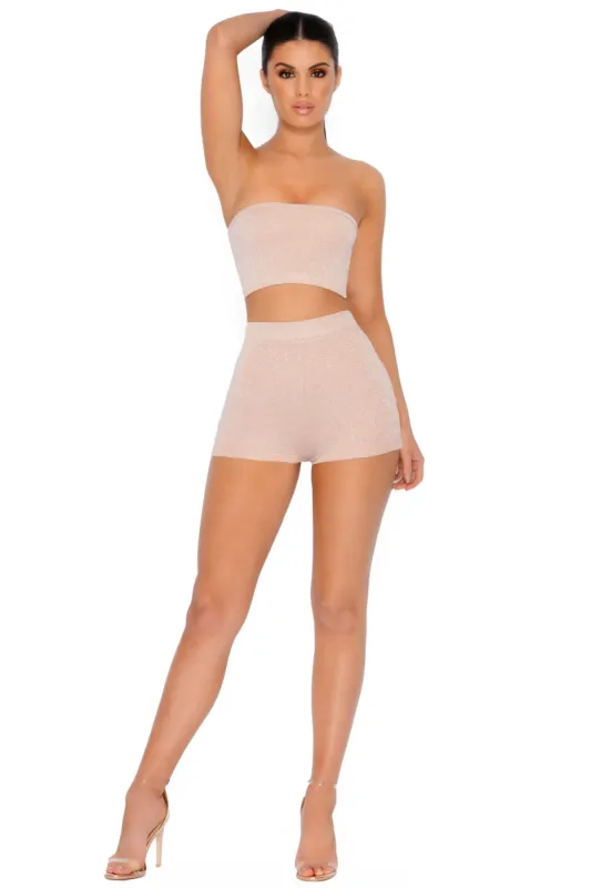 Sparkle The Fire Metallic Knit Shorts in Nude sold by Oh Polly
