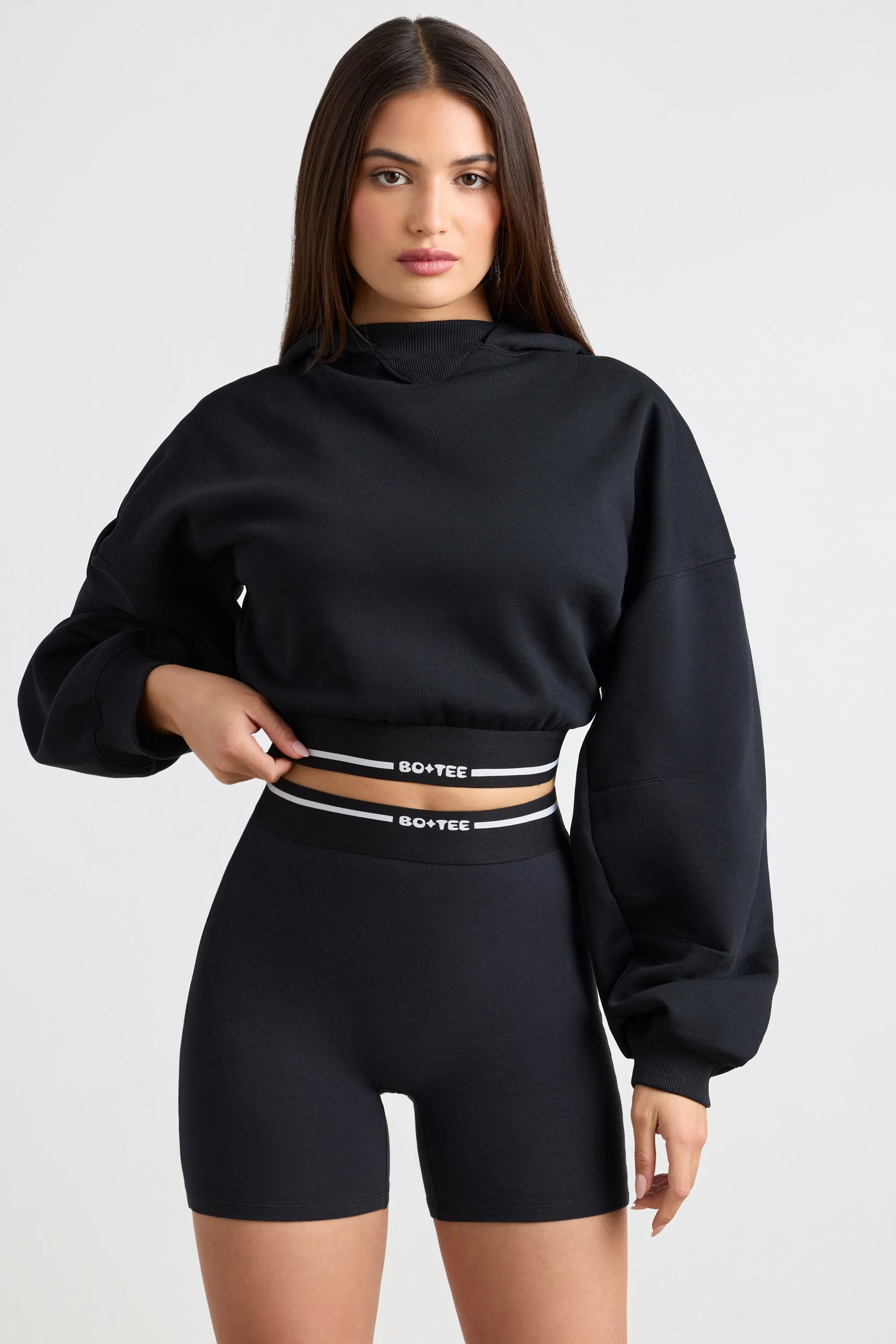 Stretch Cotton Fleece Cropped Hoodie in Black sold by Oh Polly product image thumbnail 5