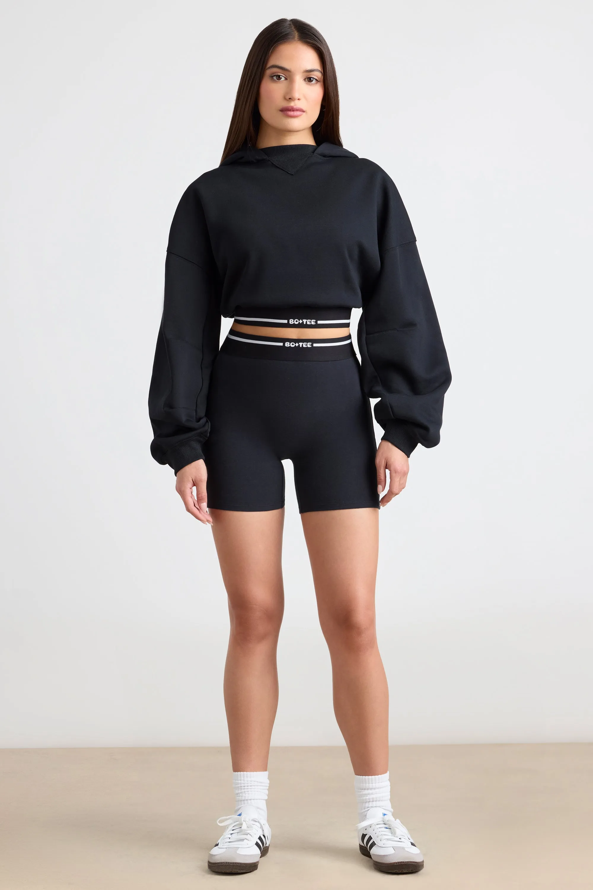 Stretch Cotton Fleece Cropped Hoodie in Black sold by Oh Polly product image thumbnail 4