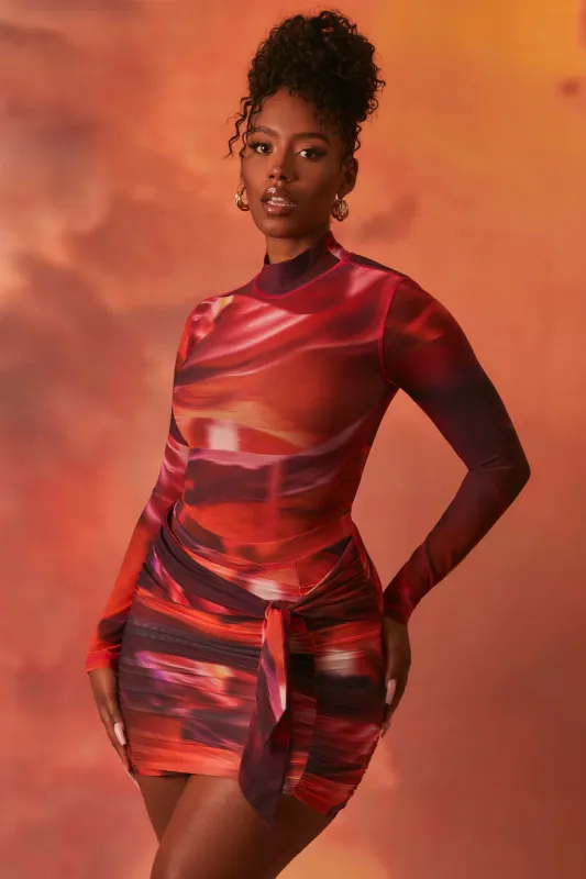 High Neck Long Sleeve Mesh Bodysuit in Orange sold by Oh Polly