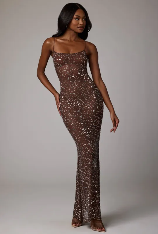 Sheer Embellished Scoop Neck Evening Gown in Deep Cocoa sold by Oh Polly