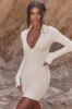 Long Sleeve Ruched Mini Dress in Beige sold by Oh Polly