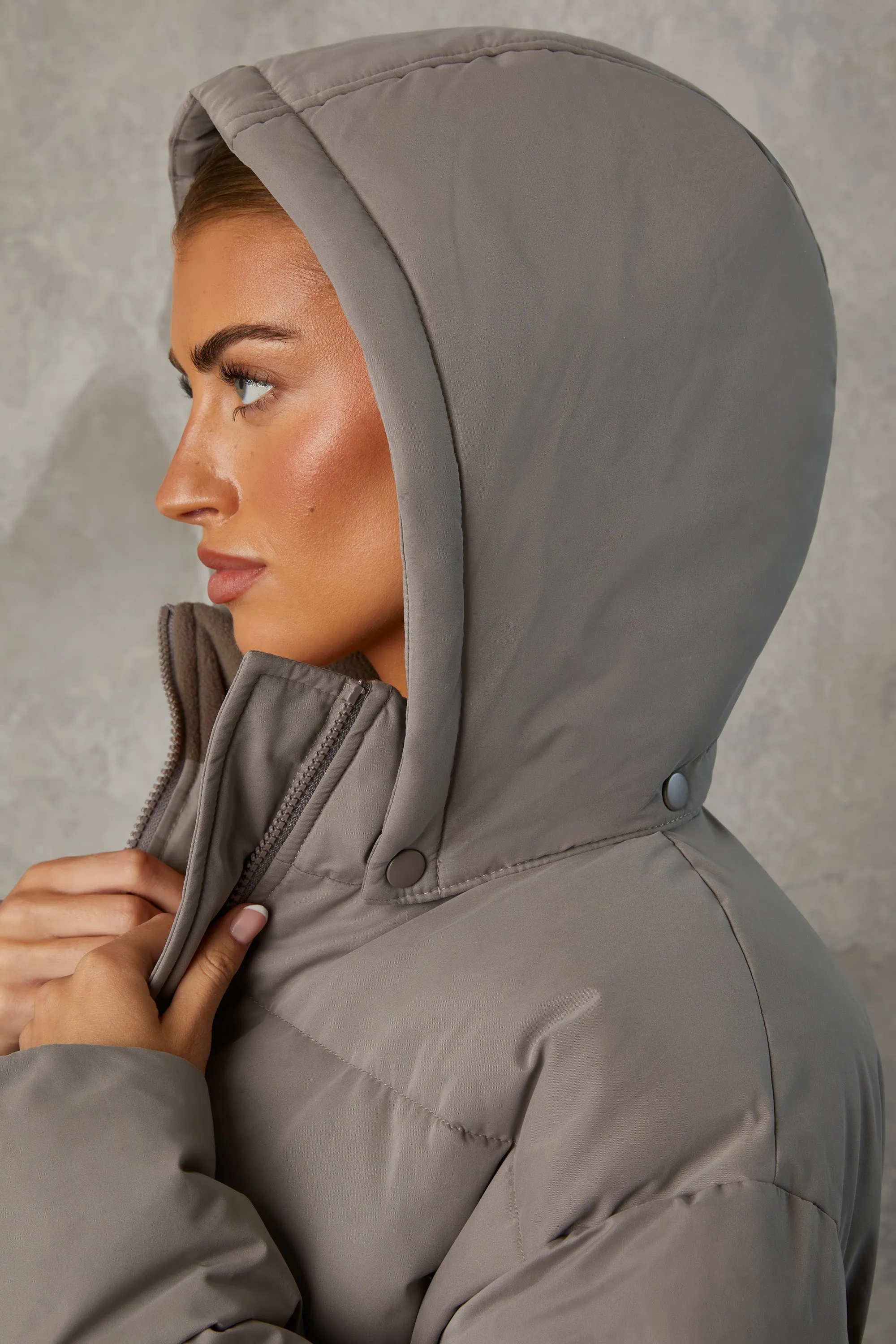 Full Length Hooded Puffer Coat in Warm Grey sold by Oh Polly product image thumbnail 4