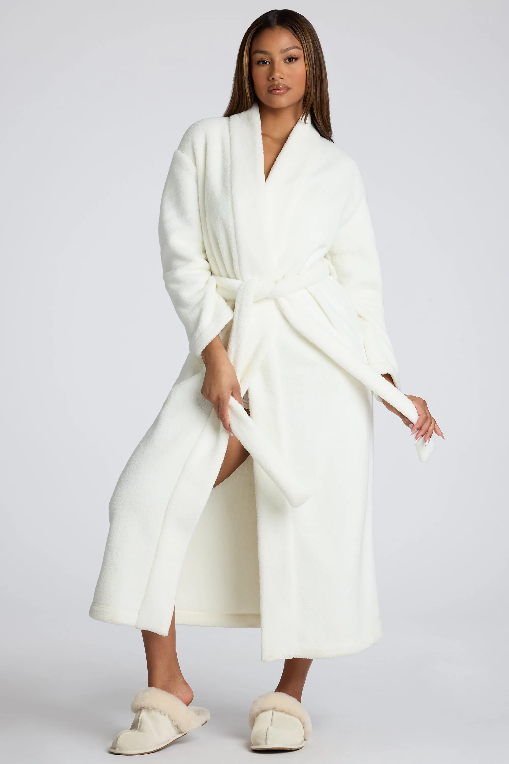 Tie Front Fleece Robe in White sold by Oh Polly