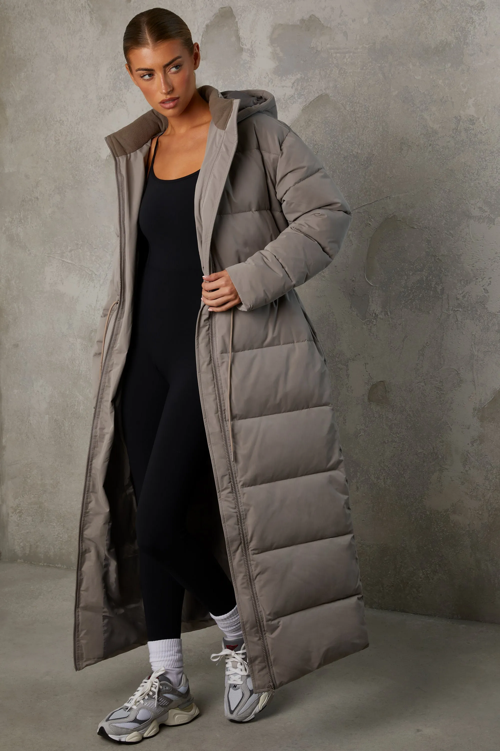 Full Length Hooded Puffer Coat in Warm Grey sold by Oh Polly product image thumbnail 5