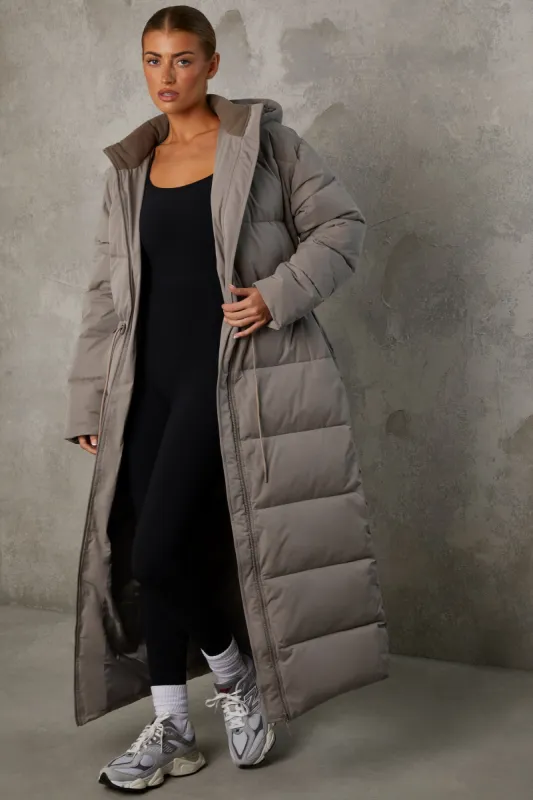 Full Length Hooded Puffer Coat in Warm Grey sold by Oh Polly