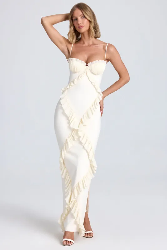 Plissé Ruffle-Trim Maxi Dress in Ivory sold by Oh Polly