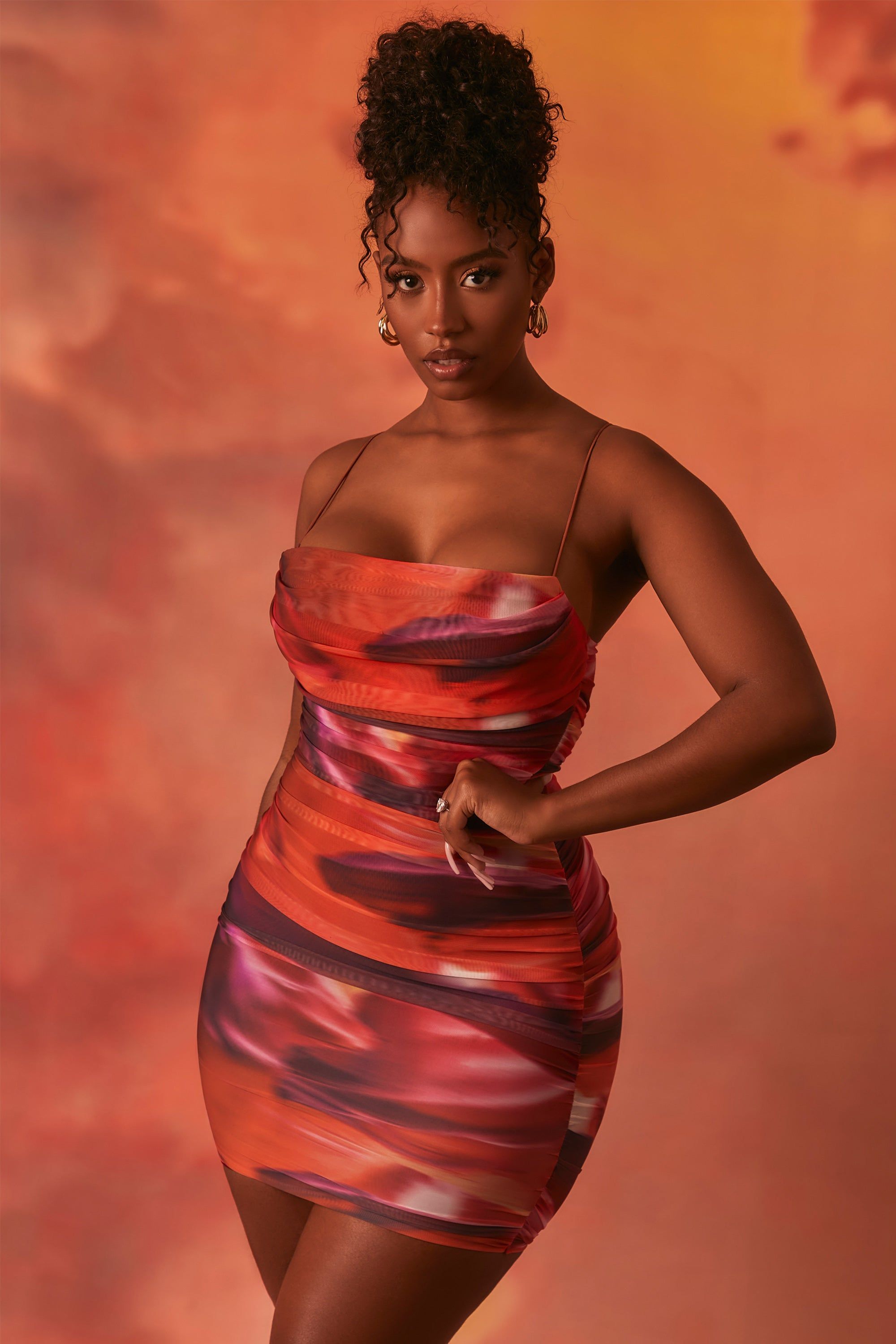 Lunar Sleeveless Bodycon Ruched Mesh Mini Dress in Orange sold by Oh Polly product image thumbnail 3