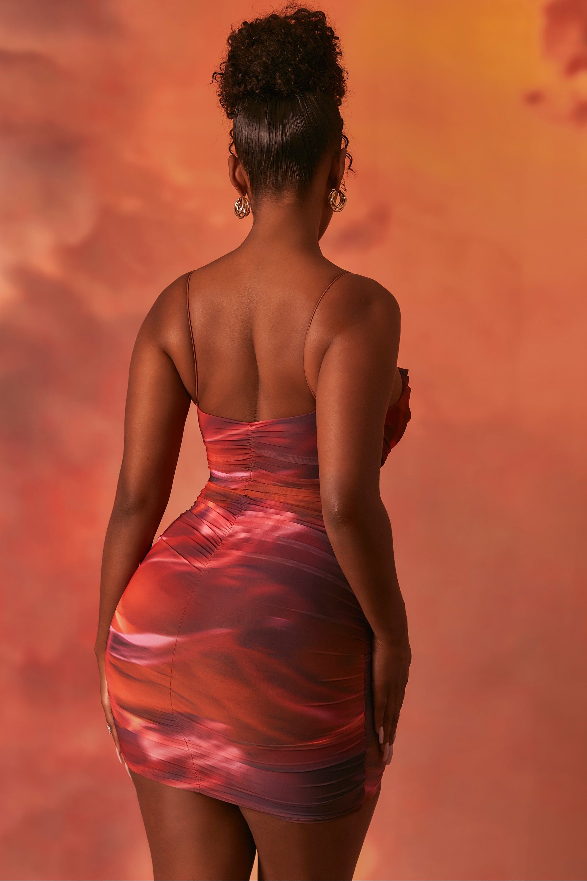 Lunar Sleeveless Bodycon Ruched Mesh Mini Dress in Orange sold by Oh Polly product image thumbnail 2