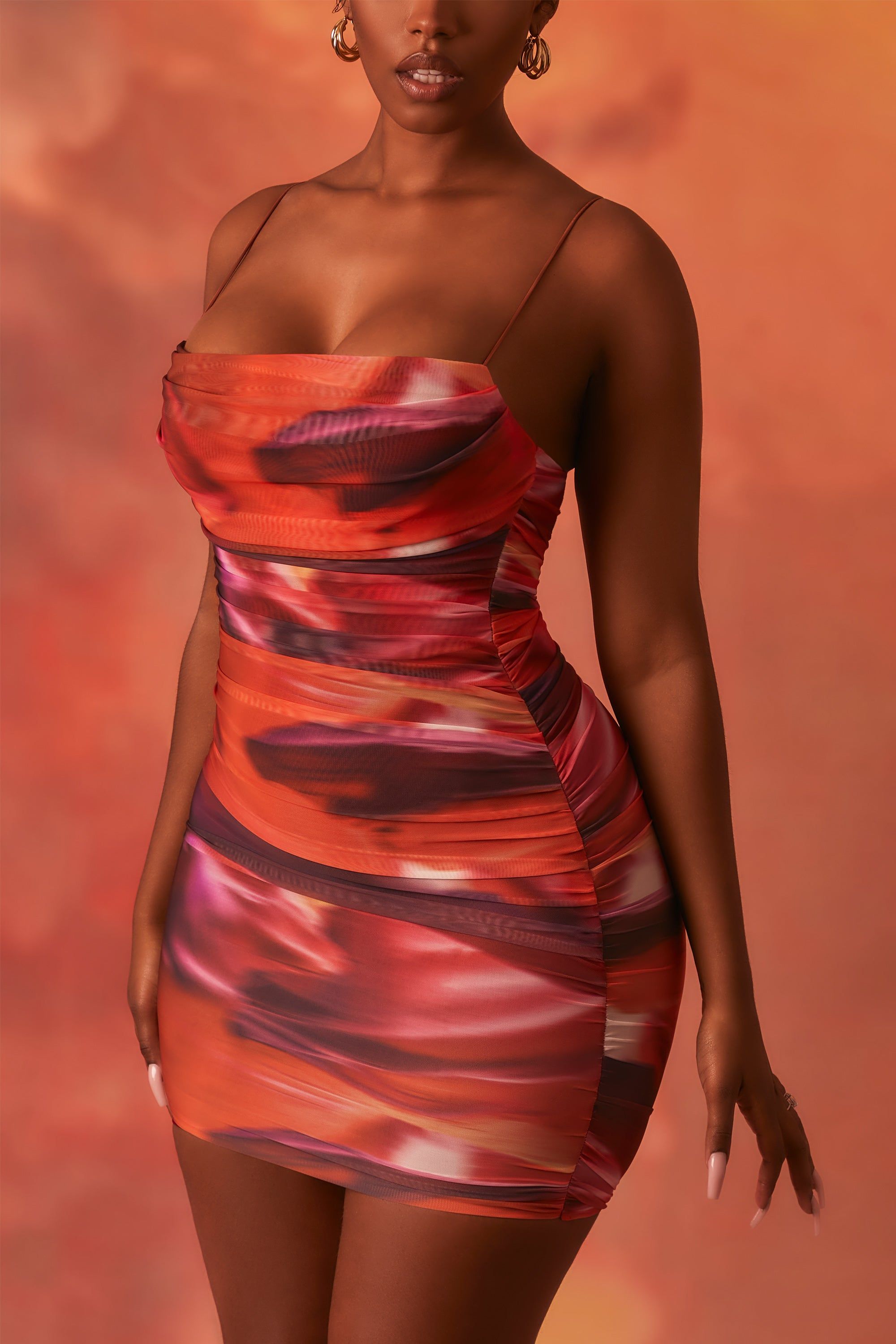 Lunar Sleeveless Bodycon Ruched Mesh Mini Dress in Orange sold by Oh Polly product image thumbnail 4