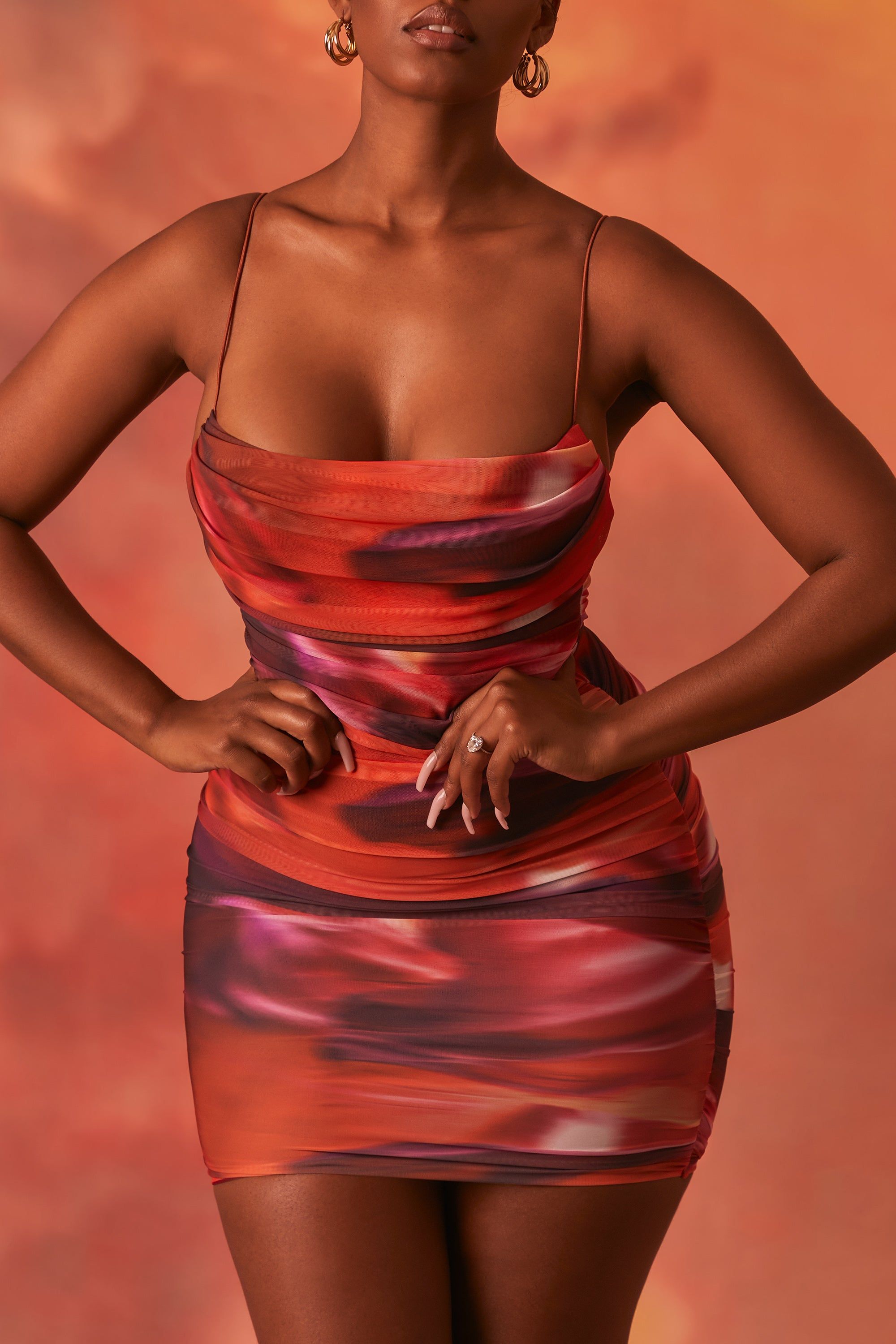 Lunar Sleeveless Bodycon Ruched Mesh Mini Dress in Orange sold by Oh Polly product image thumbnail 5