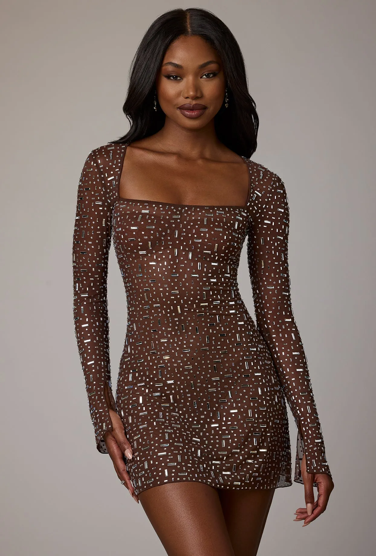 Sheer Embellished Long Sleeve A-Line Mini Dress in Deep Cocoa sold by Oh Polly