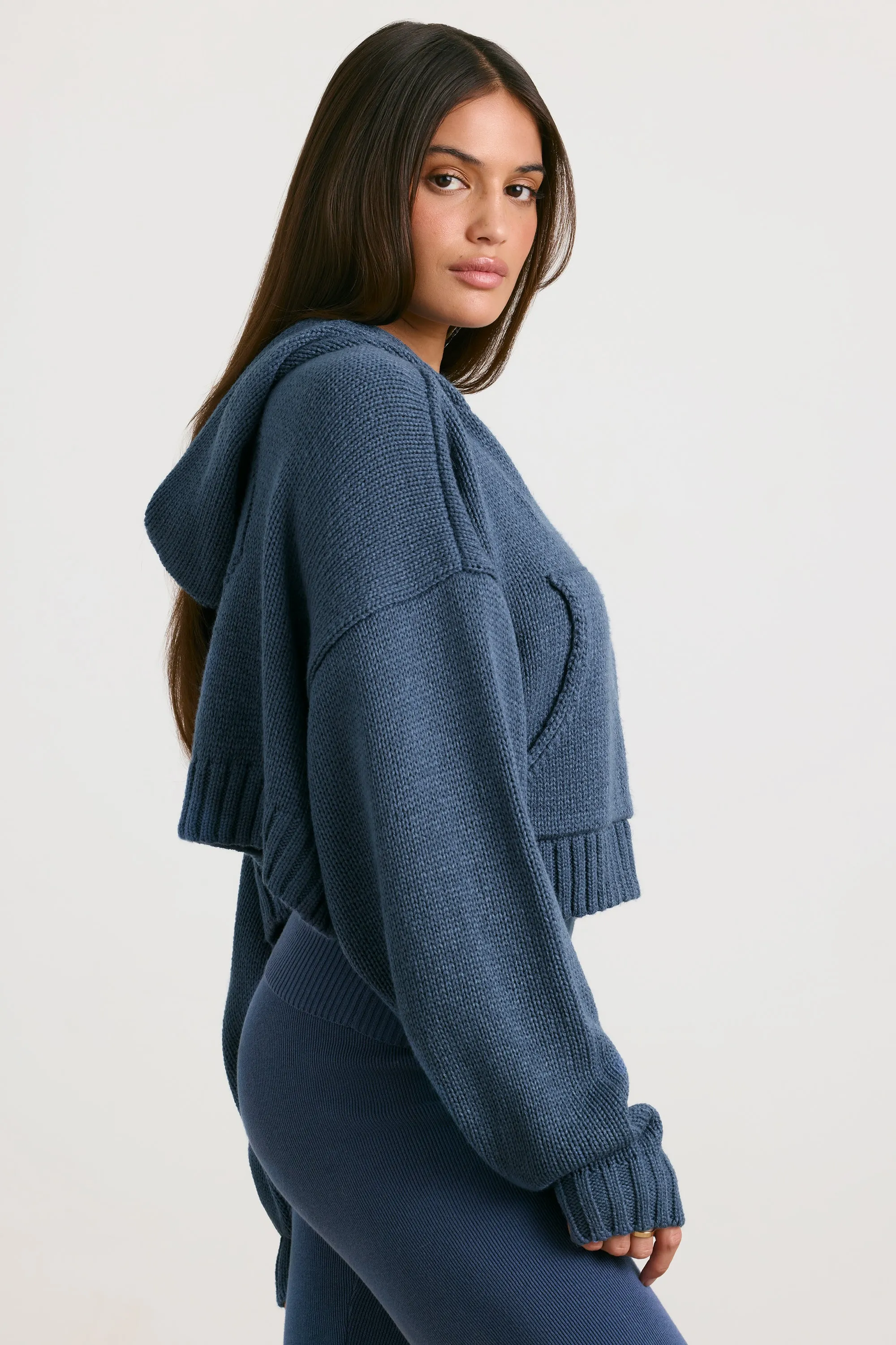 Chunky Knit Zip-Up Cropped Hoodie in Washed Navy sold by Oh Polly product image thumbnail 3