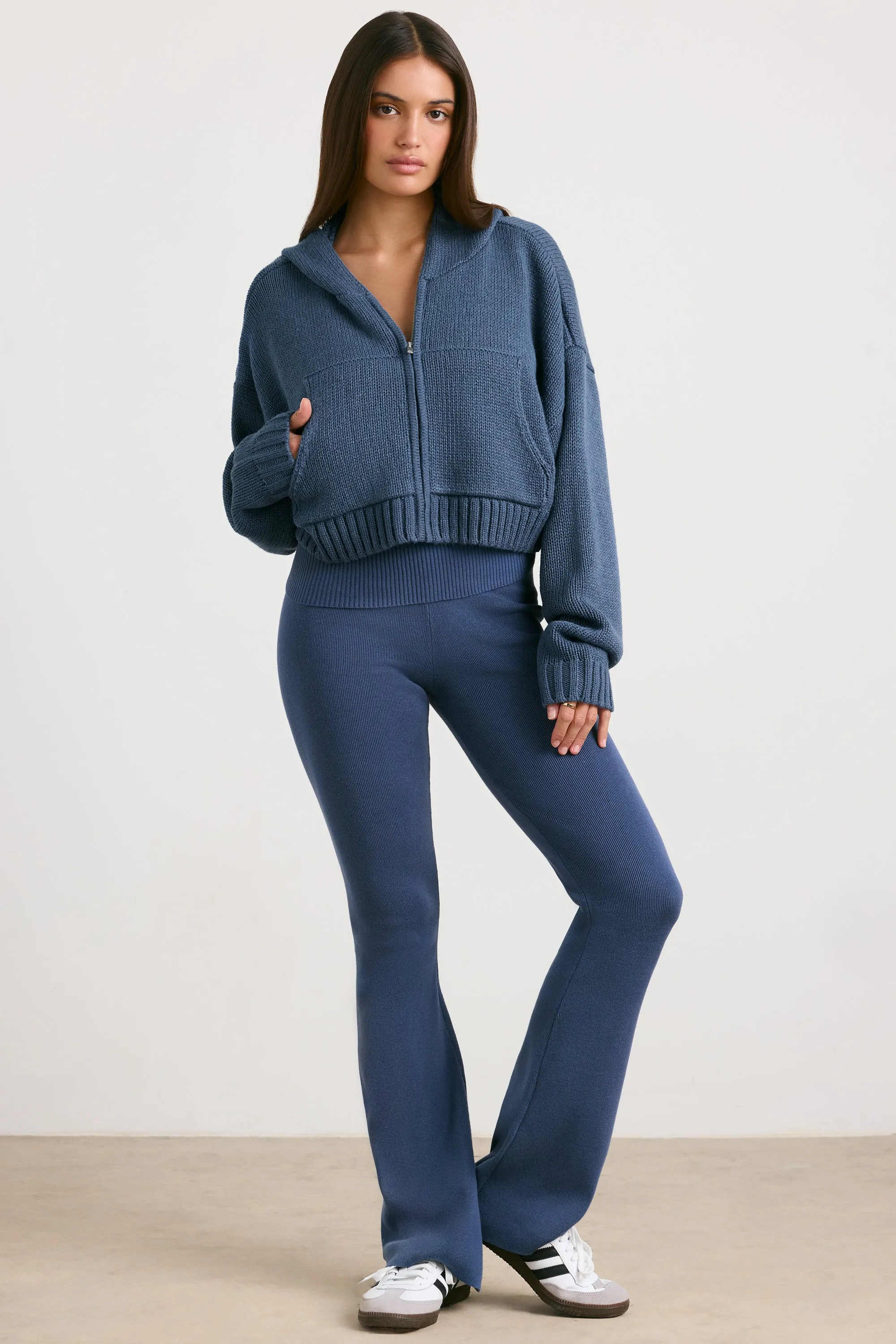 Chunky Knit Zip-Up Cropped Hoodie in Washed Navy sold by Oh Polly product image thumbnail 5