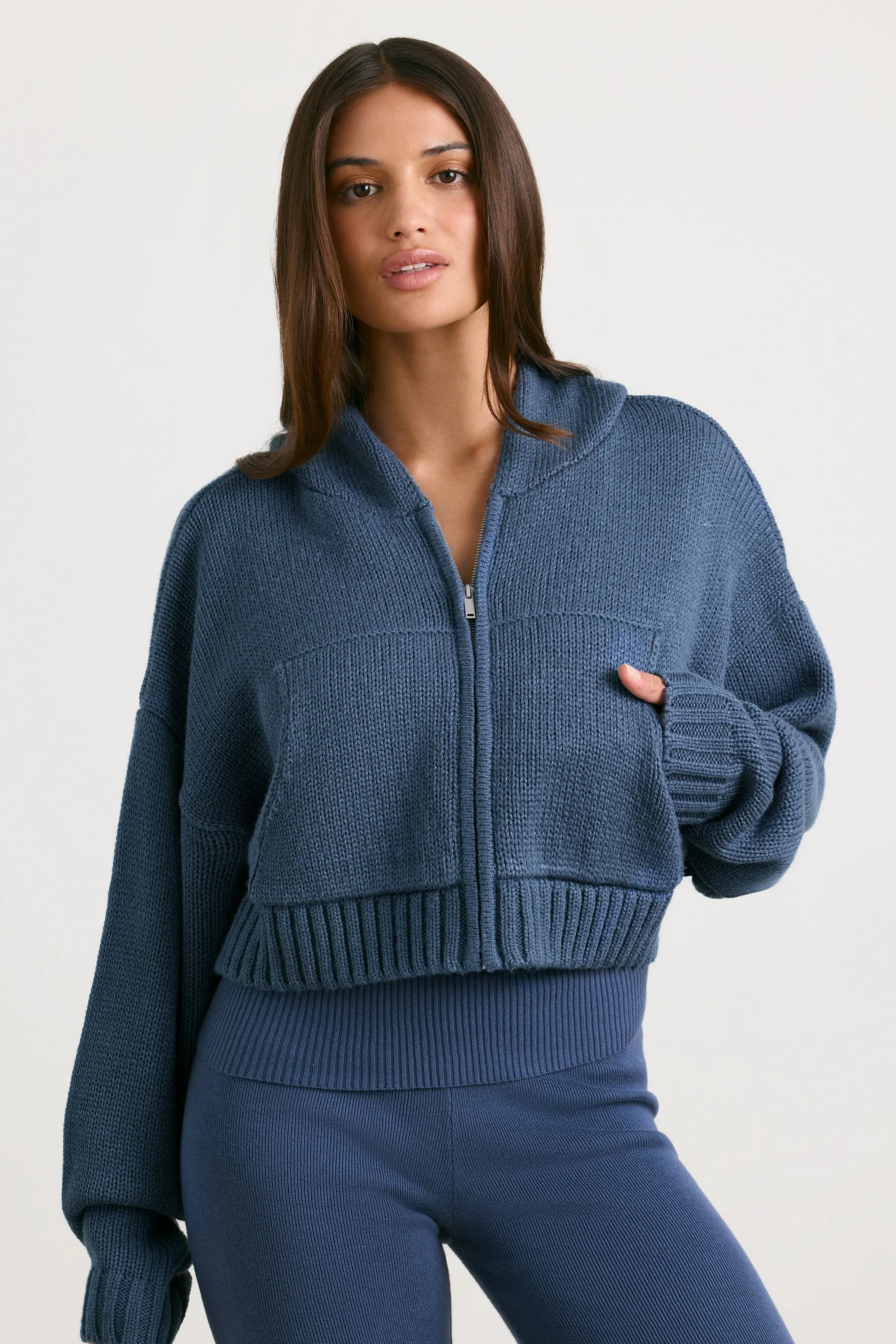 Chunky Knit Zip-Up Cropped Hoodie in Washed Navy sold by Oh Polly
