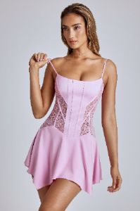 Lace Handkerchief Hem Mini Dress in Baby Pink sold by Oh Polly
