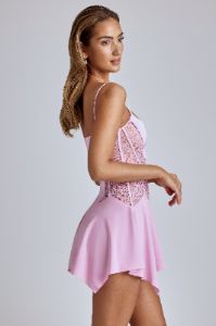 Lace Handkerchief Hem Mini Dress in Baby Pink sold by Oh Polly