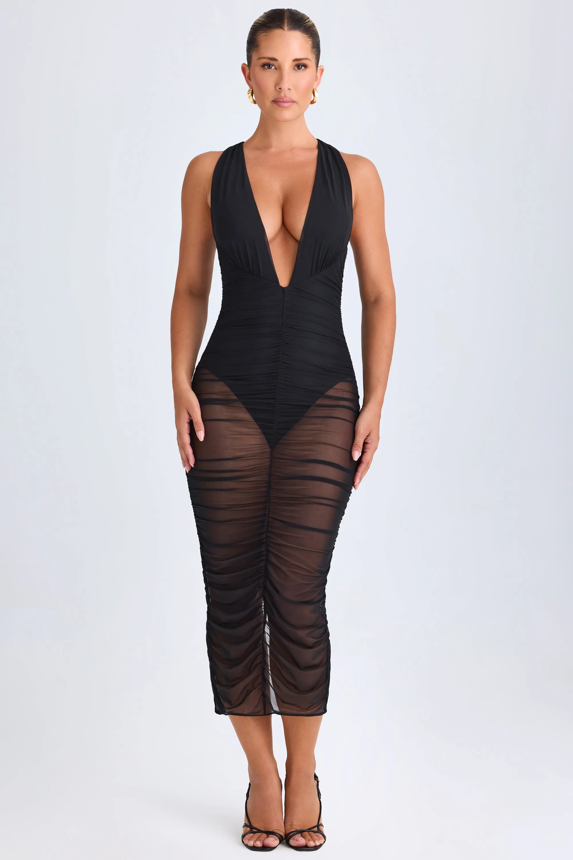Ruched Plunge Midaxi Dress in Black sold by Oh Polly