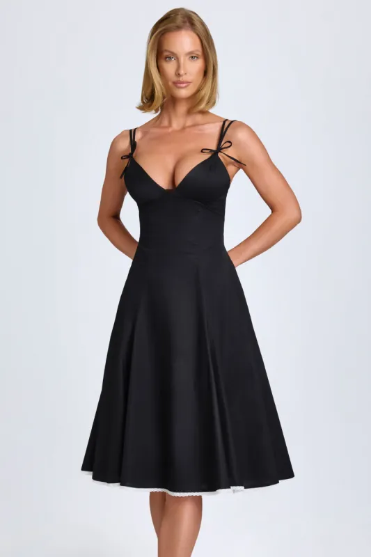 Bow-Detail Lace-Trim A-Line Midi Dress in Black sold by Oh Polly