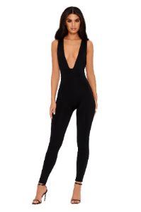 Sleek In The Sheets Extreme Plunge Ankle Length Jumpsuit in Black sold by Oh Polly