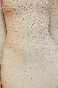 Material Girl Long Sleeved Pearl Embellished Mini Dress in Champagne sold by Oh Polly
