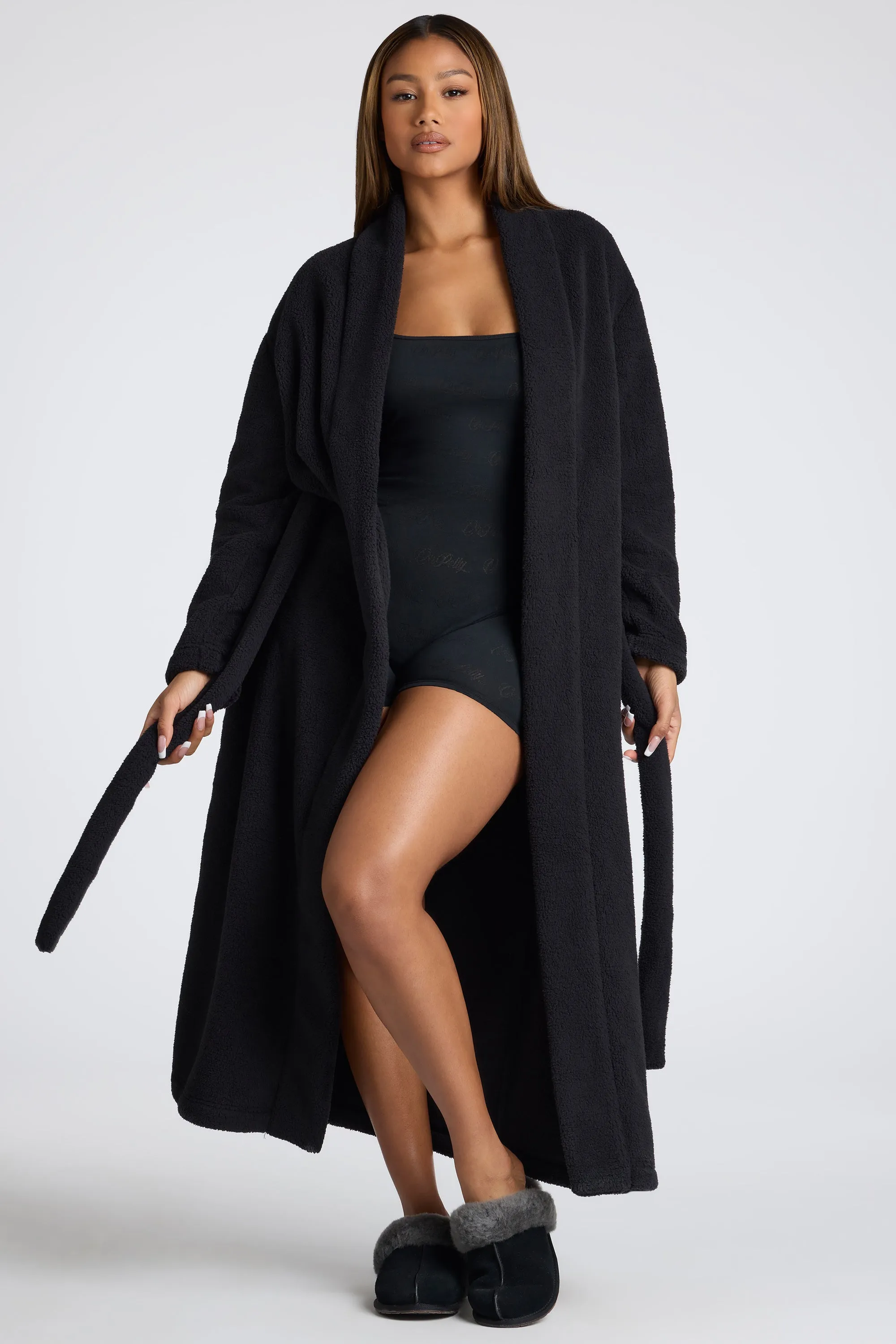 Tie Front Fleece Robe in Black sold by Oh Polly