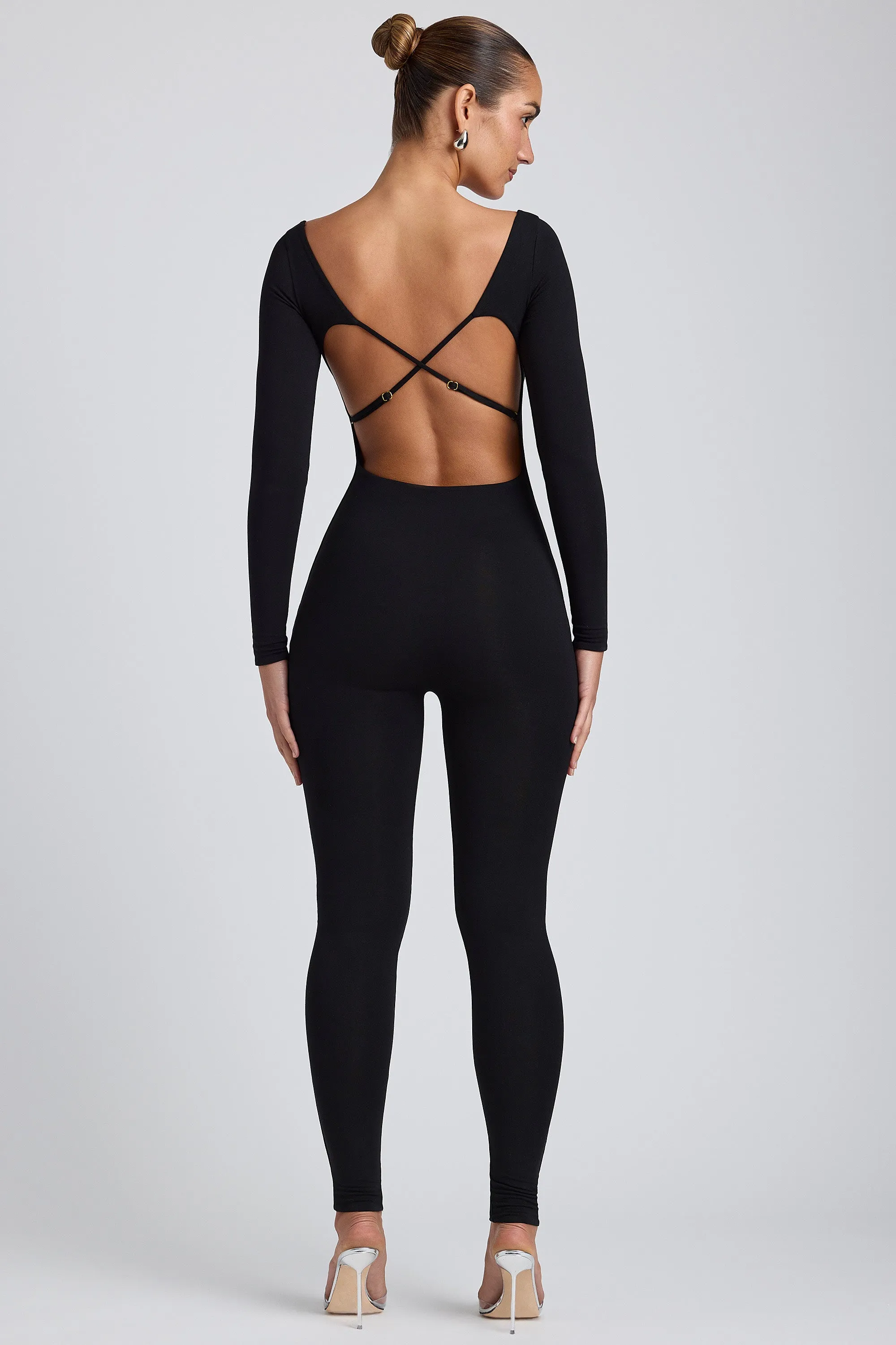 Modal Tall Scoop-Neck Cross-Back Jumpsuit in Black sold by Oh Polly product image thumbnail 2