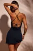 Halter Neck Cowl Back Georgette Mini Dress in Black sold by Oh Polly