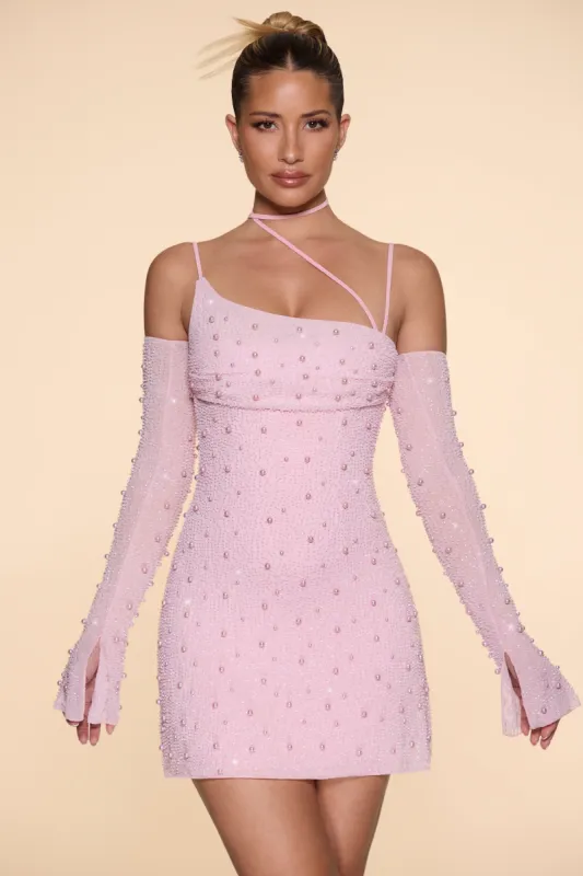 Embellished Asymmetric Corset Mini Dress in Blush sold by Oh Polly