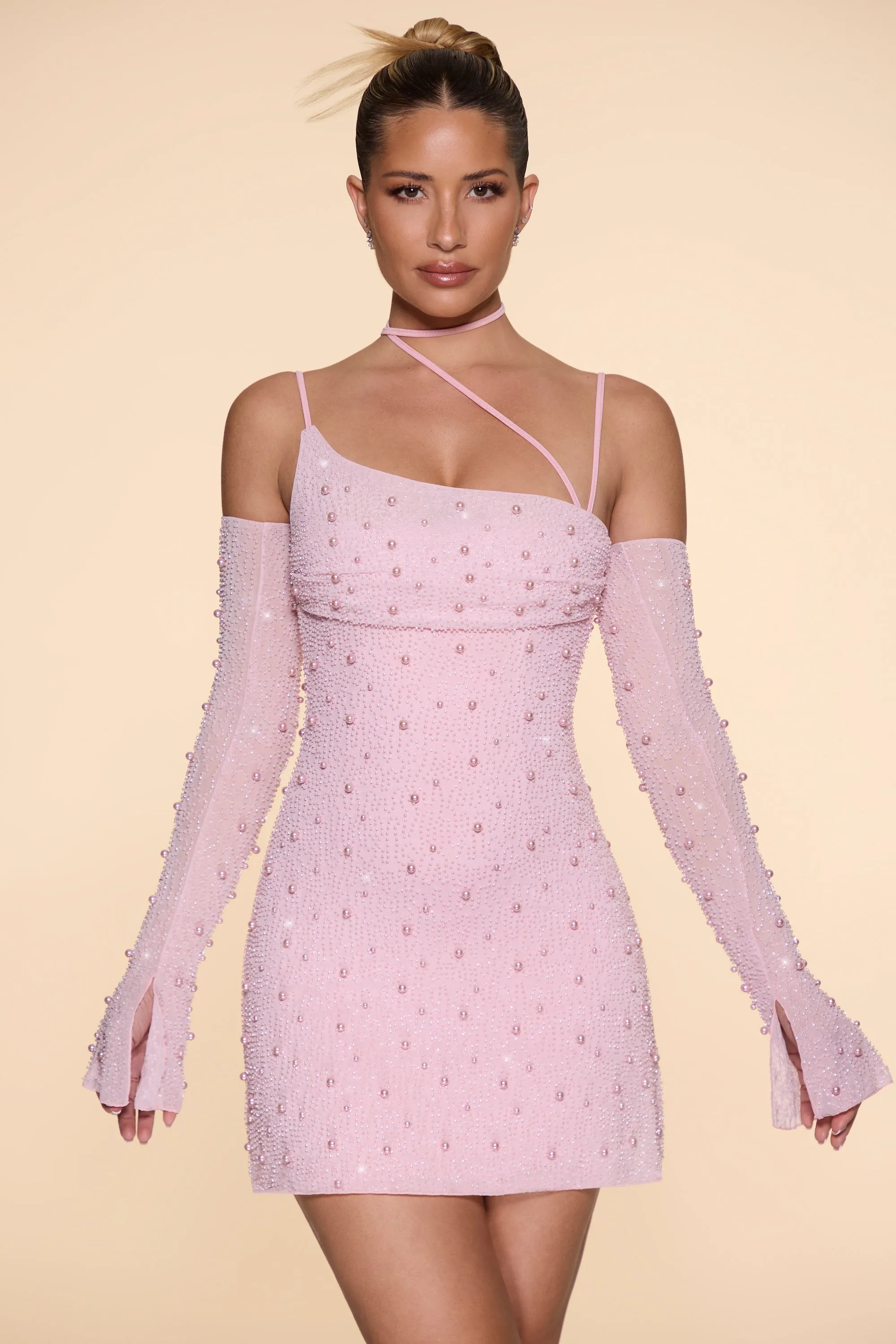 Embellished Asymmetric Corset Mini Dress in Blush sold by Oh Polly