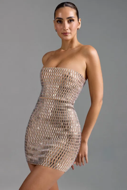 Embellished Bandeau Mini Dress in Almond sold by Oh Polly