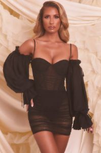Meet Me At Midnight Sheer Mesh Long Sleeve Mini Dress in Black sold by Oh Polly