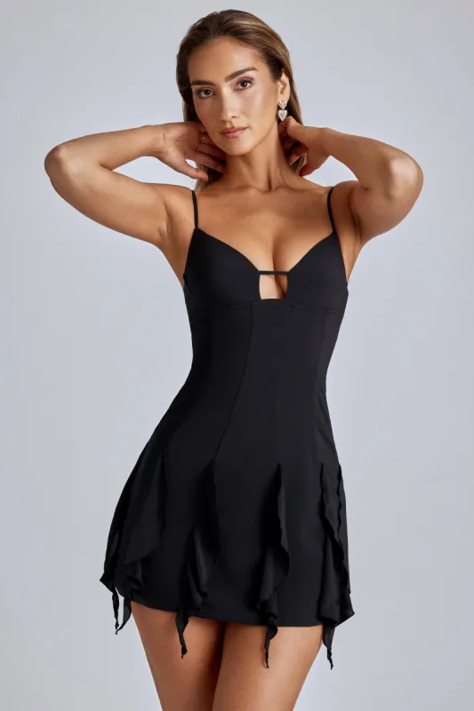 Ruffle A-Line Mini Dress in Black sold by Oh Polly