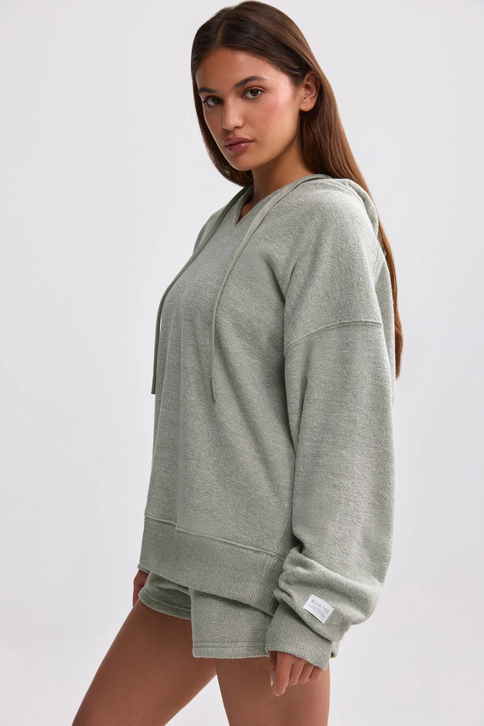 Terry Towelling V-Neck Hoodie in Sage Grey sold by Oh Polly product image thumbnail 3
