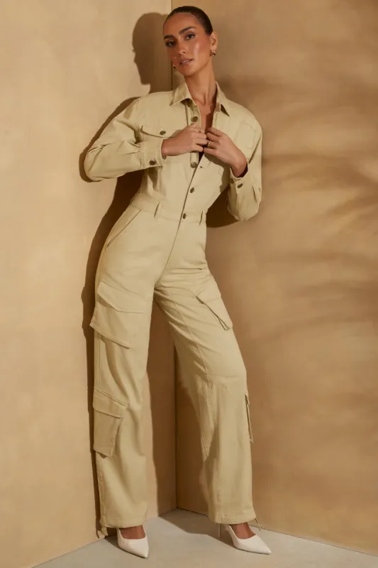 Petite Wide Leg Long Sleeve Cargo Jumpsuit in Sage sold by Oh Polly