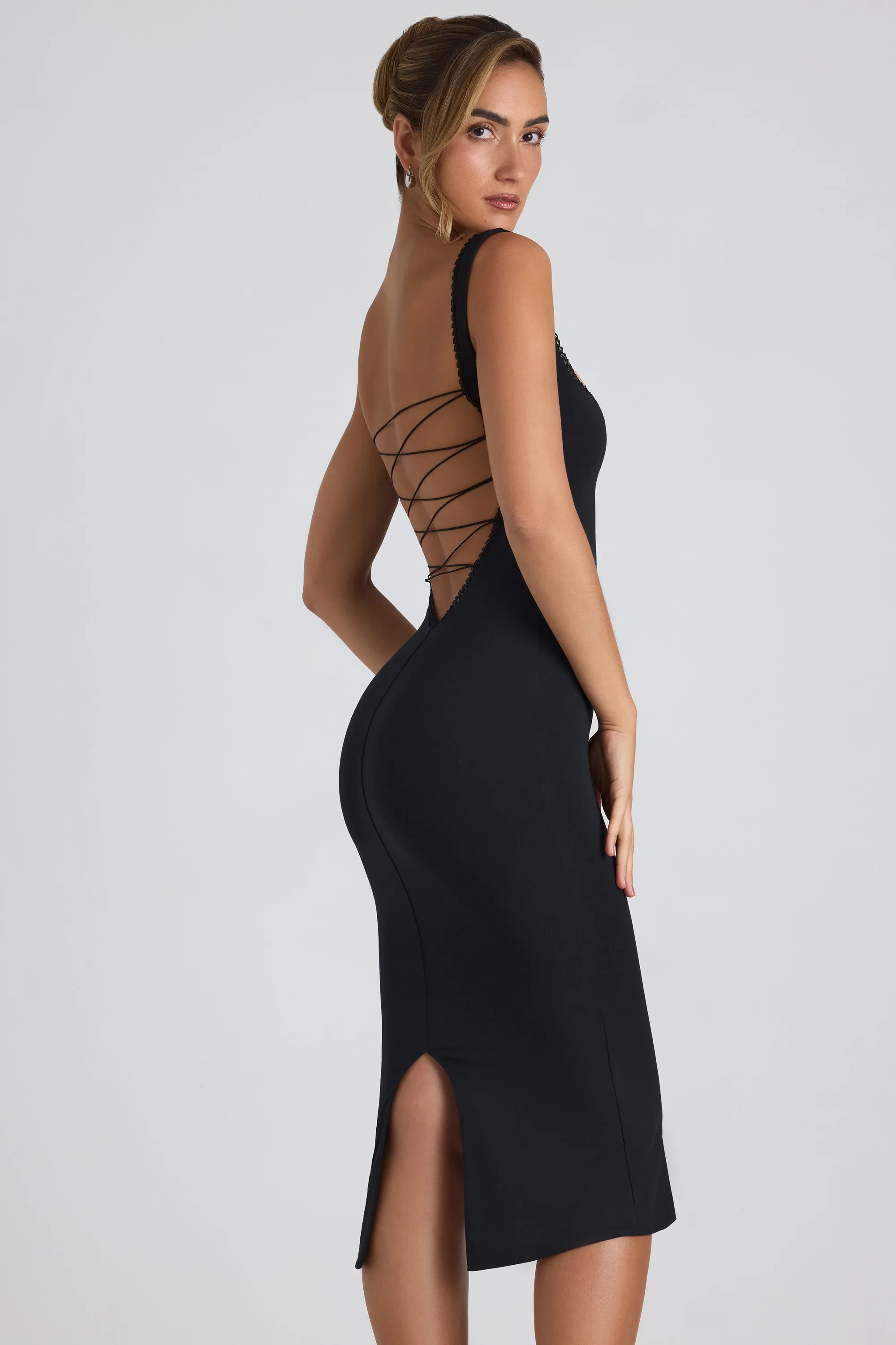 Modal Lace-Trim Midaxi Dress in Black sold by Oh Polly product image thumbnail 3