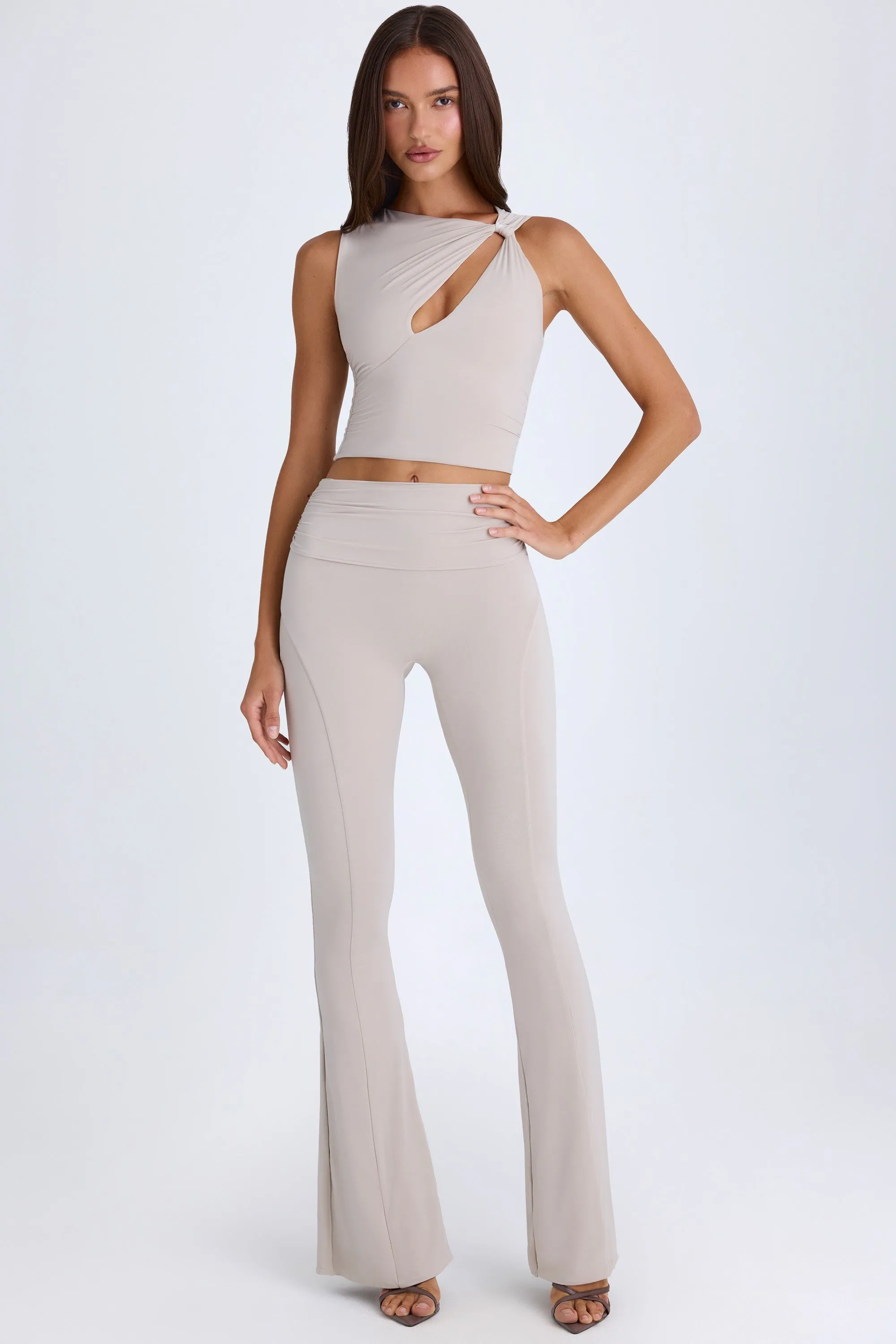 Petite Foldover Flared Trousers in Taupe sold by Oh Polly product image thumbnail 5
