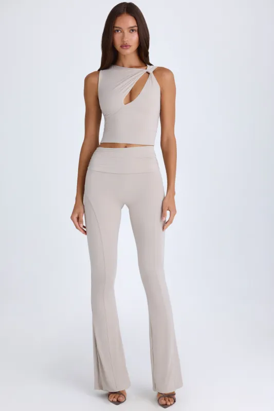 Petite Foldover Flared Trousers in Taupe made by Oh Polly