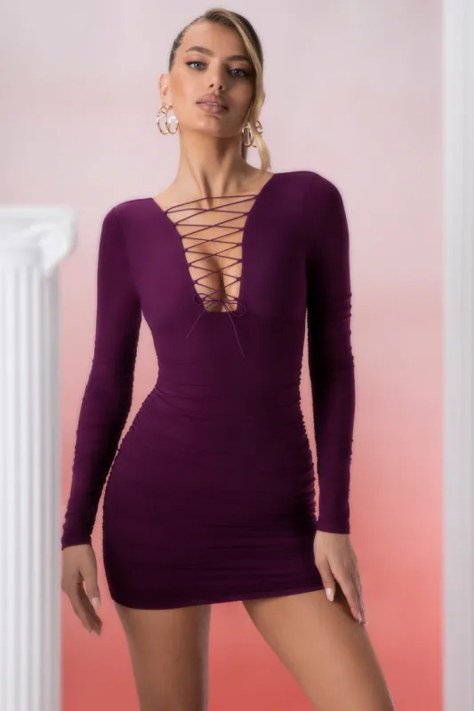 Lace Up Long Sleeve Mini Dress in Wine sold by Oh Polly