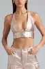 Metallic Denim Belted Crop Top in Champagne sold by Oh Polly