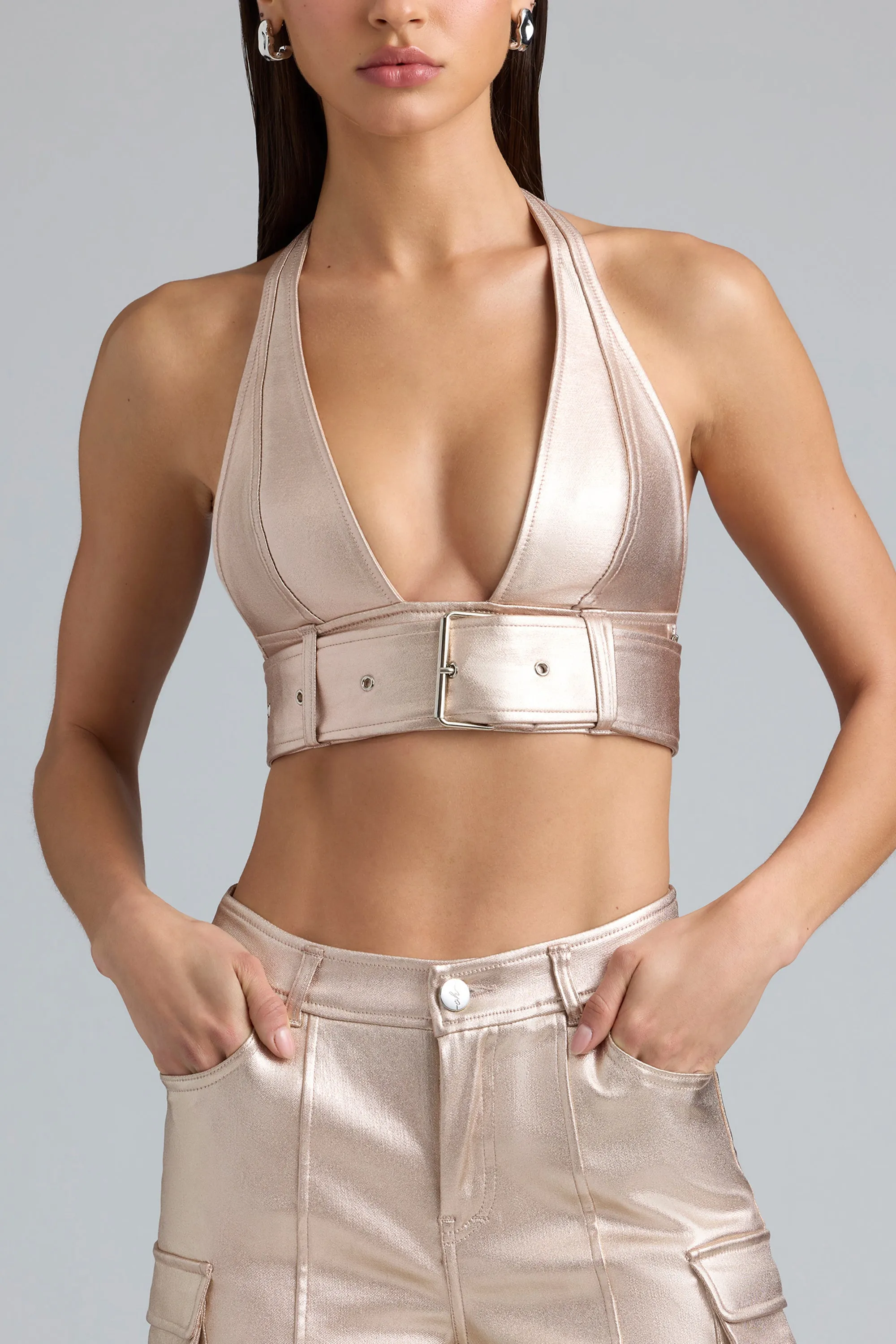 Metallic Denim Belted Crop Top in Champagne sold by Oh Polly product image thumbnail 5