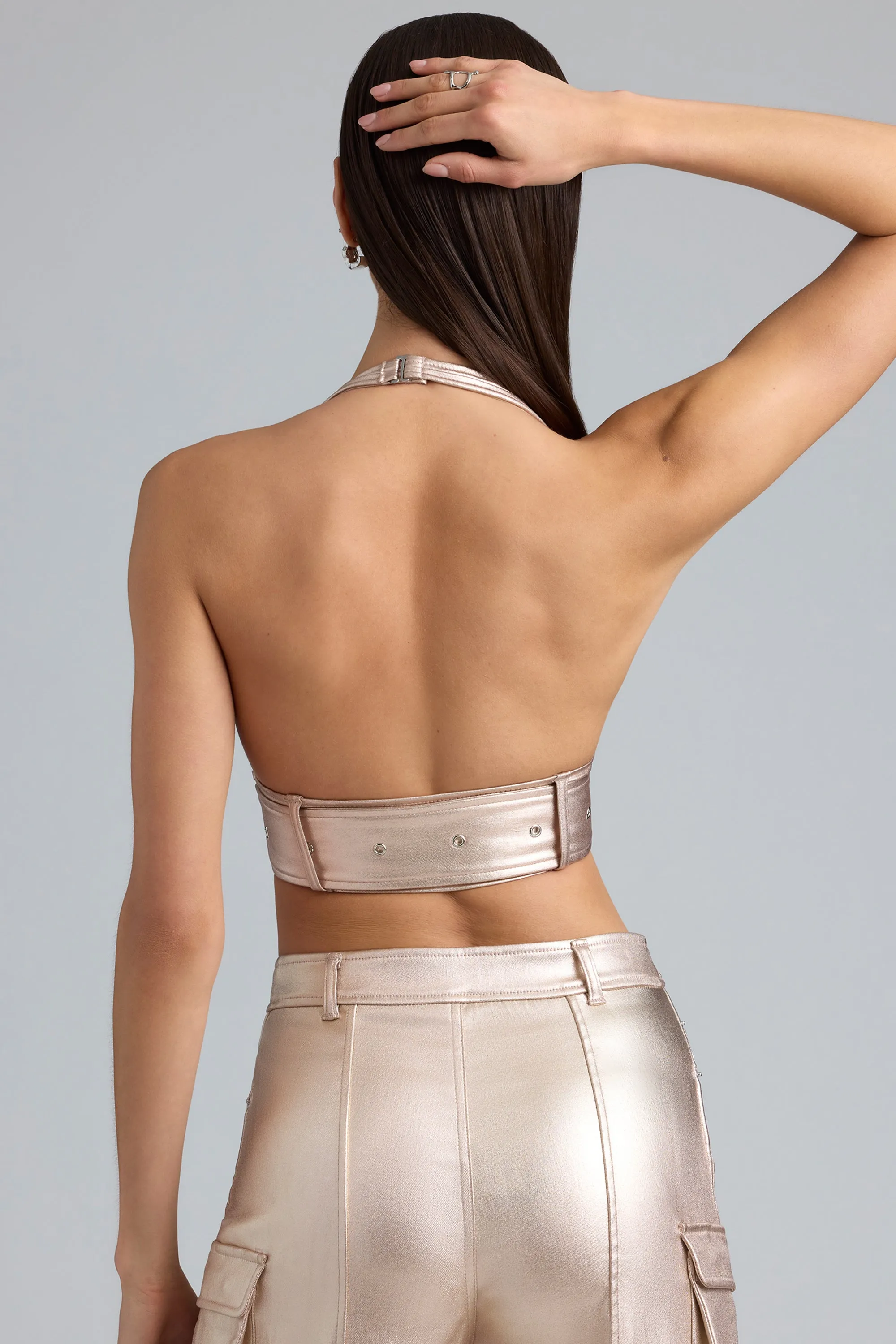 Metallic Denim Belted Crop Top in Champagne sold by Oh Polly product image thumbnail 2