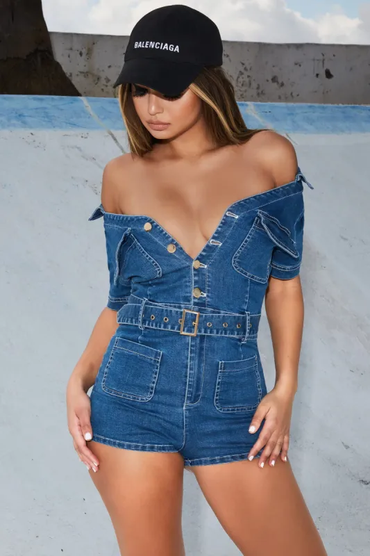 Let’s Play Belted Denim Playsuit in Blue sold by Oh Polly