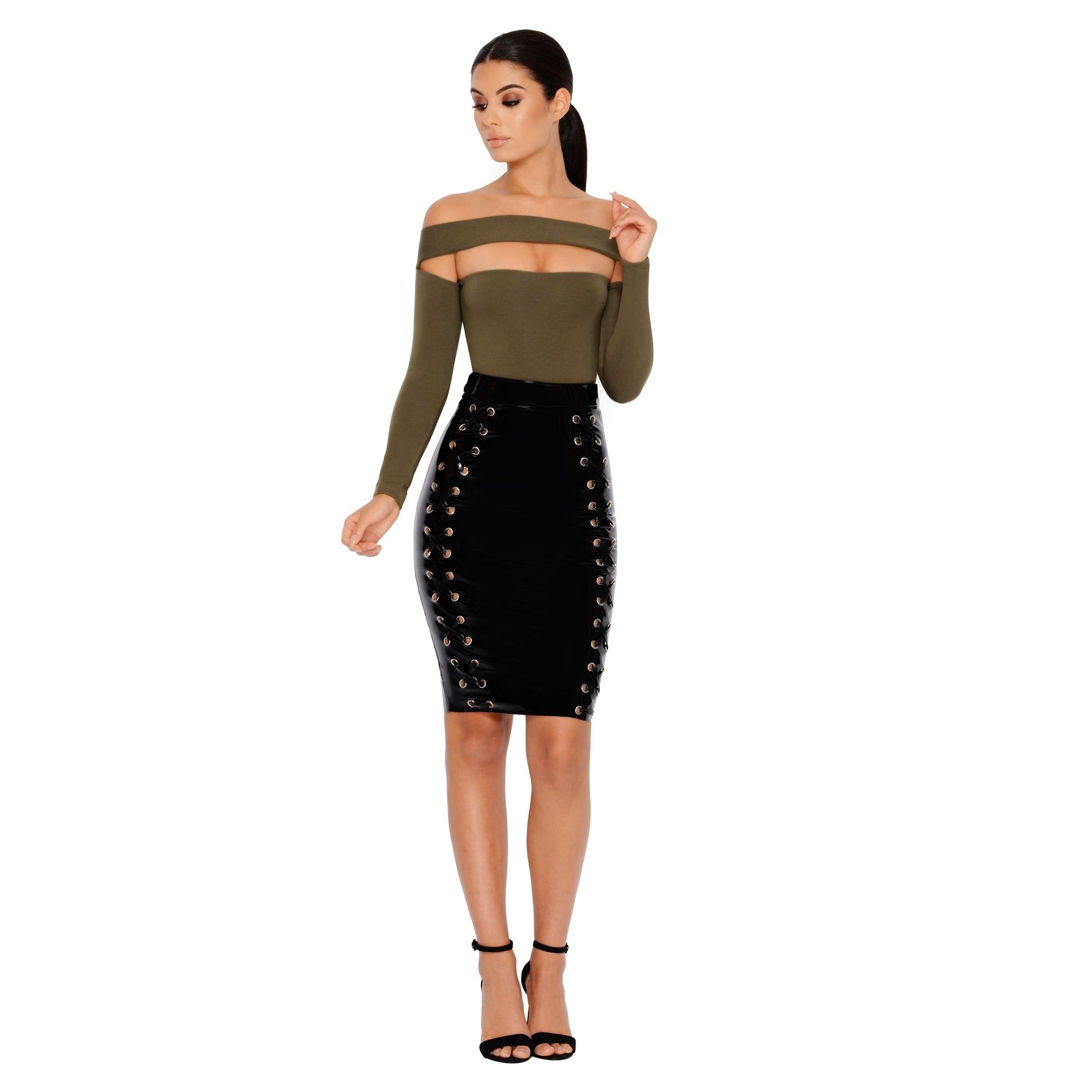 Strip Down Off The Shoulder Bardot Bodysuit in Khaki sold by Oh Polly product image thumbnail 10