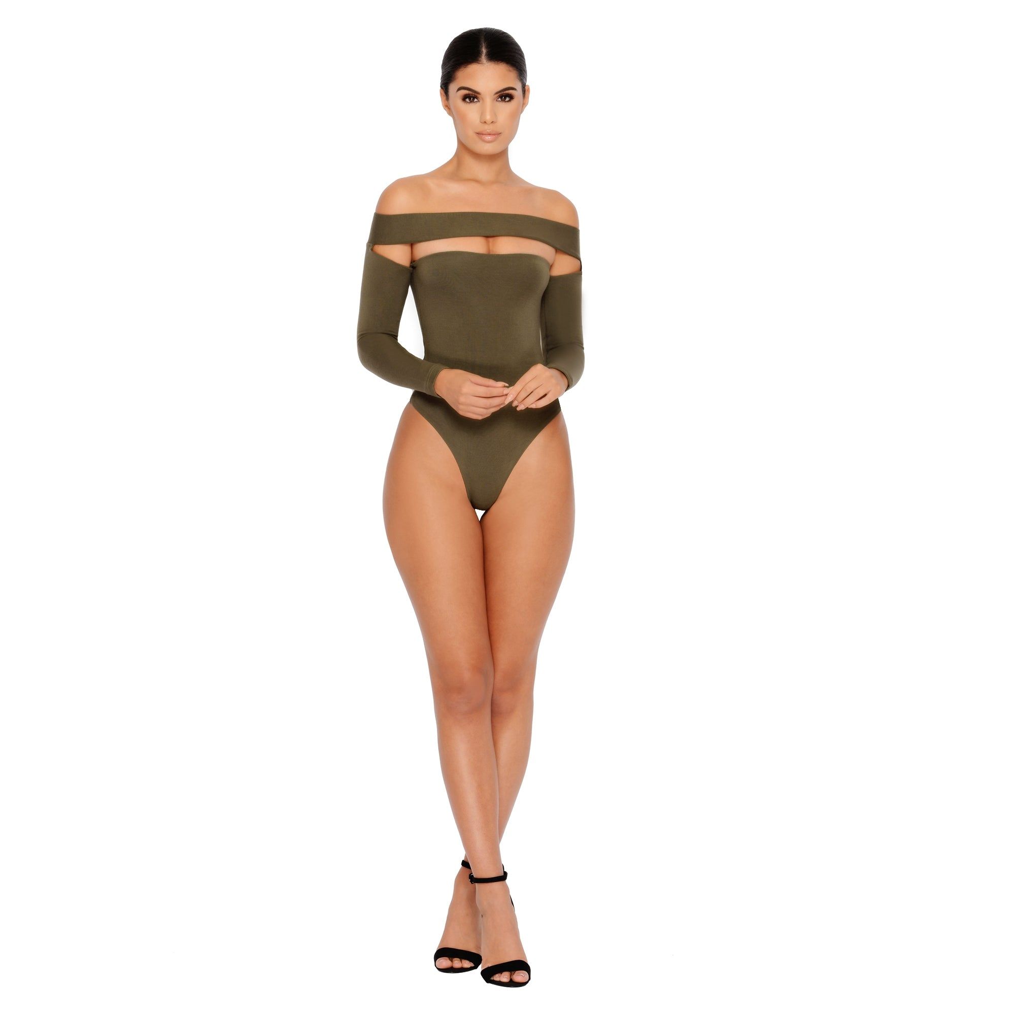 Strip Down Off The Shoulder Bardot Bodysuit in Khaki sold by Oh Polly product image thumbnail 8